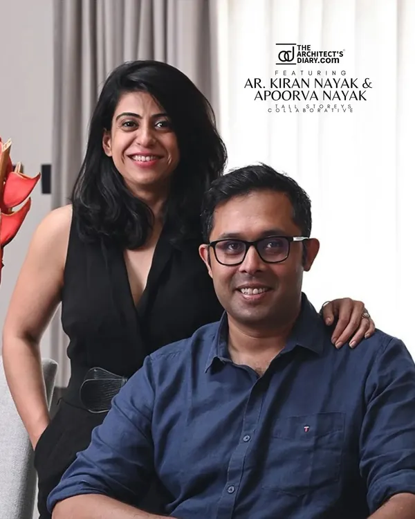 A photo of us, Kiran and Apoorva Nayak, featured in The Architect's Diary. Our partnership is the foundation of Tall Storeys, combining storytelling and creative chaos with refined, detail-oriented execution.