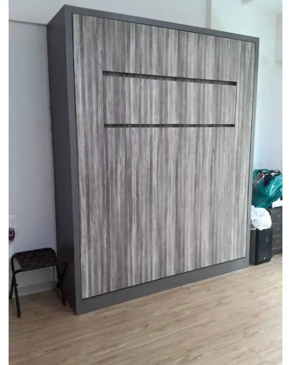 This is a wall-mounted folding bed, shown here in its closed position. It looks like a sleek, modern wardrobe, freeing up valuable floor space during the day for work or play.