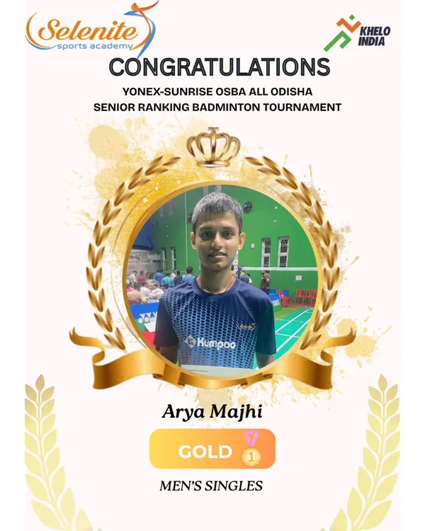 Congratulations to Arya Majhi for clinching the Gold Medal in Men's Singles at the YONEX-SUNRISE OSBA All Odisha Senior Ranking Badminton Tournament. A well-deserved victory.
