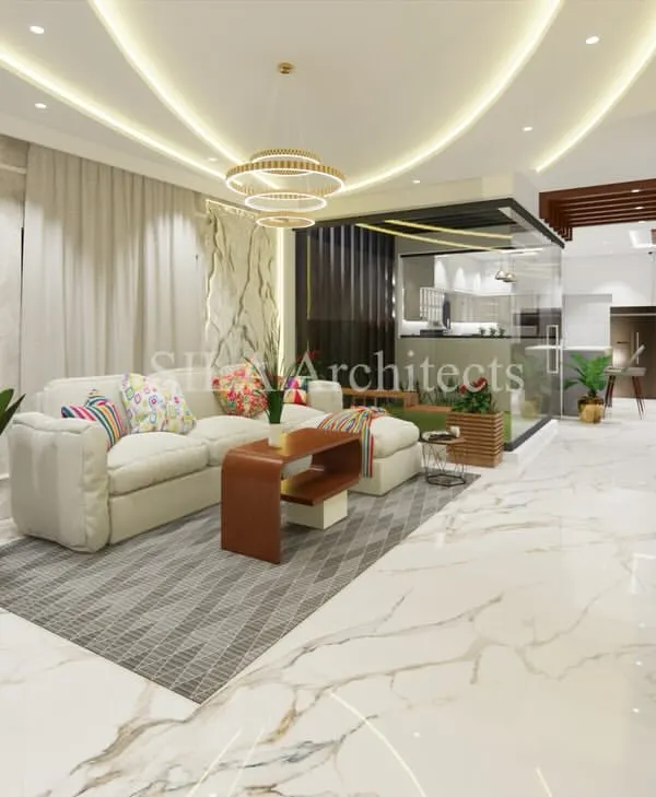 This living room concept balances open space with sophisticated details. The design features a modern sofa, ambient cove lighting, and a seamless flow into the kitchen area, creating an environment of relaxed luxury.