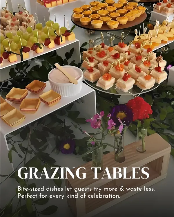 My grazing tables are designed for guests to mingle and enjoy a wide variety of flavours. This setup features an assortment of bite sized vegetarian appetizers, canapés, and dips.