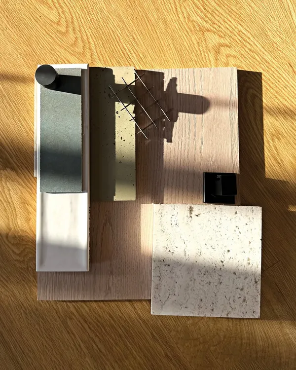 A mood board is a conversation between materials. This flat lay, created for the Baia Villas, shows the dialogue between wood, stone, and metal, with natural light revealing their inherent textures. This process was defining in shaping the project's vibrant, culturally immersive design.