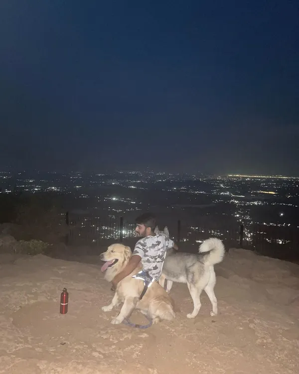 Sometimes we ditch the city and head for the hills. Here I am with Caesar the Husky and a Golden Retriever friend enjoying the incredible night view from Nandi Hills.