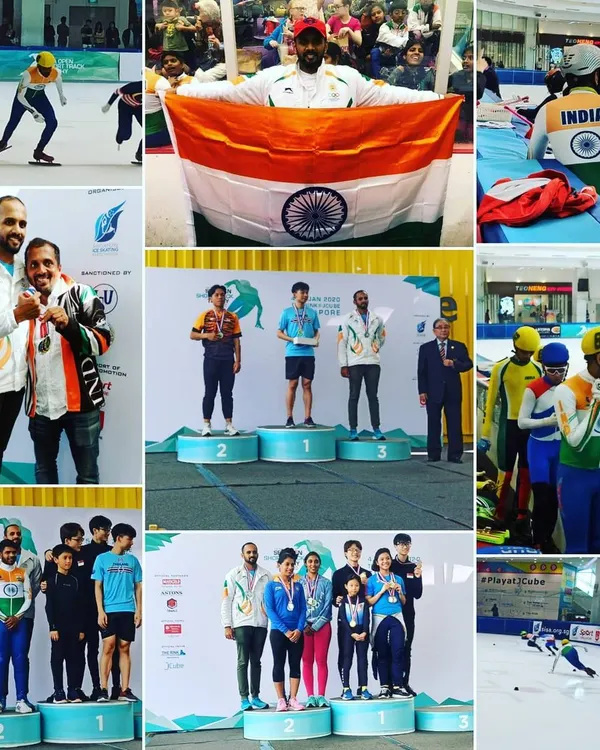My first international medals for India at the SEA Games in Singapore. This collage captures the pride of winning for my country on the ice.