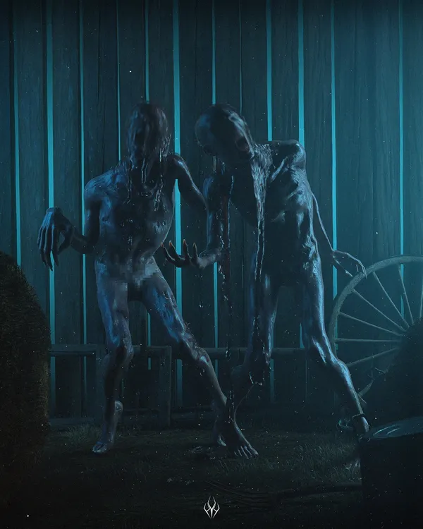 A scene depicting two skinwalkers in a barn. I designed them with slimy, emaciated bodies and posed them in a tense, confrontational stance to capture a moment from the short horror story I wrote for them.