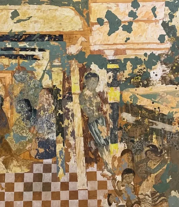The full 8x4 feet mixed media on canvas painting titled "Ajanta." This work is my experimental interpretation of the famous cave murals, focusing on the feeling of history, culture, and fragmented stories.