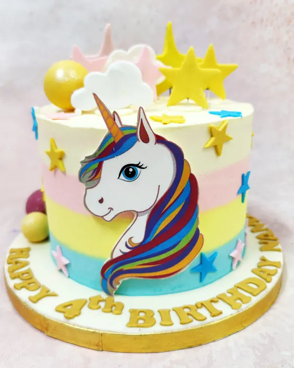 This Celestial Unicorn Cake is pure magic, featuring a beautiful unicorn against a pastel rainbow ombre, surrounded by stars and clouds.