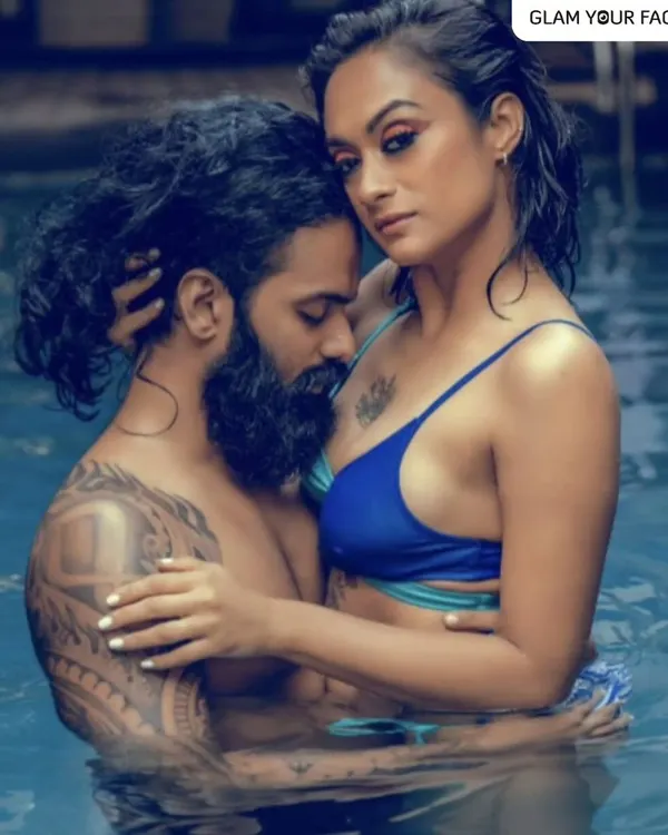 A sensual and glamorous look for a couple's pool shoot. The makeup was fully waterproof, featuring a sultry eye that stayed put, proving you can have full glam anywhere.