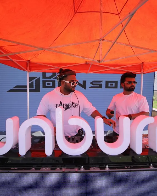 Behind the iconic Sunburn letters at the Holi festival in Jaipur. Performing on a stage like this is an incredible feeling, and I bring that same festival energy to every gig I play.
