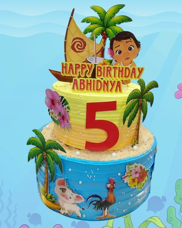 This two-tier Moana-themed cake was a joy to create for a little adventurer's 5th birthday. I used fresh cream and edible prints to bring the vibrant world of Motunui to life, proving that you don't need fondant for a magical, multi-layered theme cake.