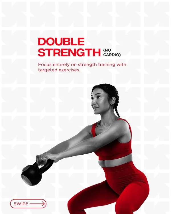 For those who want to focus entirely on building muscle, I offer Double Strength. This program has no cardio, just targeted exercises with kettlebells, dumbbells, and more to help you build pure strength.