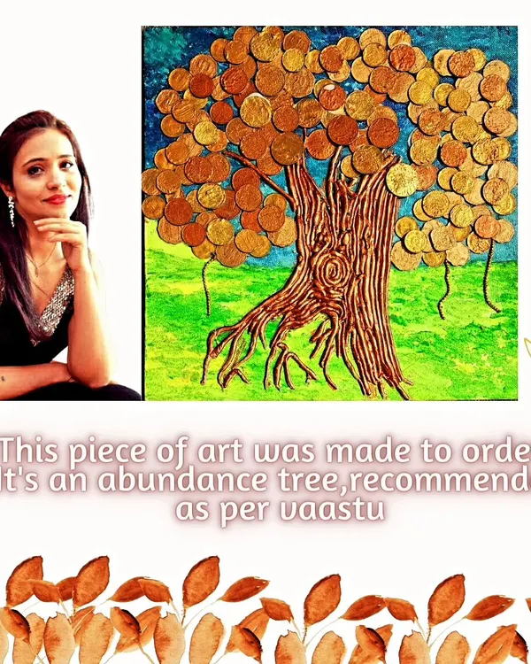 This is one of my signature Abundance Tree paintings, created as a specific Vaastu remedy for a client. The golden coins and deep roots are symbolic, designed to attract financial stability and growth.
