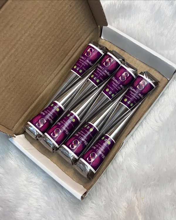 My Signature Organic Henna Cones, neatly packed in a box. This is how they will arrive at your doorstep. They are perfect for both beginners and professional artists looking for reliable, high-quality henna.
