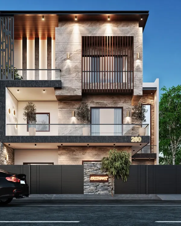 A photorealistic 3D exterior render of a modern villa, showcasing a complex facade with mixed materials like stone cladding and wooden louvers under bright daylight. This visualization helps architects and owners finalize exterior finishes and lighting placement.