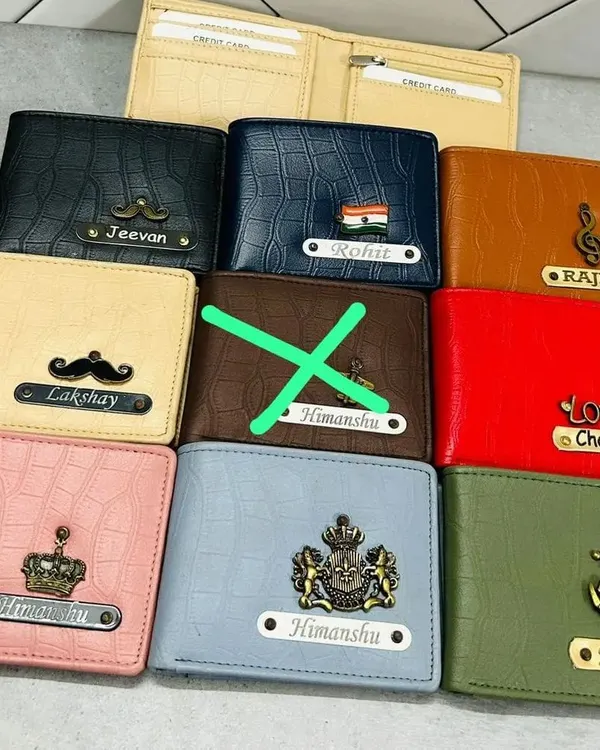 Here is a sample of the variety I offer for personalized faux-leather wallets. You can choose from different colors, textures, nameplate styles, and a wide selection of charms to create the perfect custom wallet.