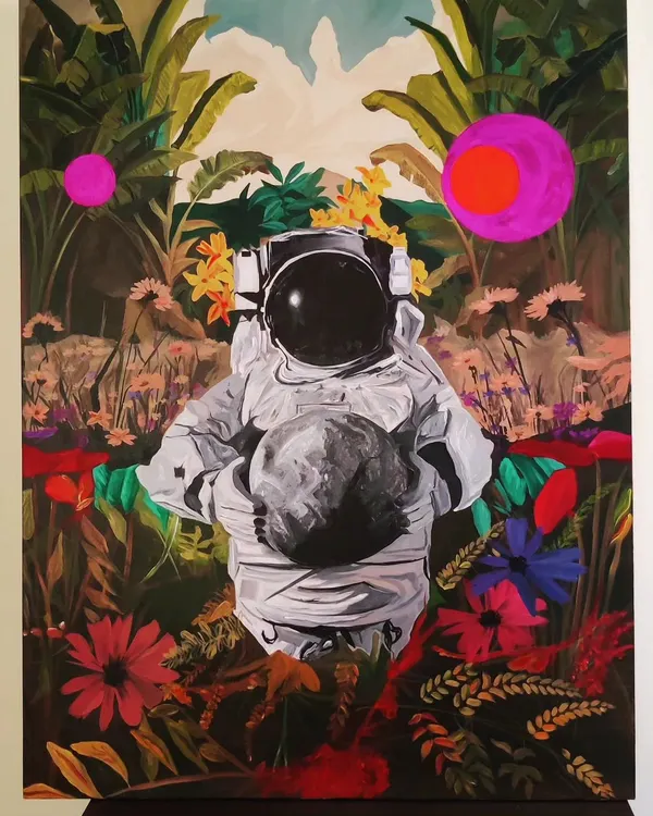 My original painting 'Recuperation', a 3ft by 4ft acrylic on canvas. This piece, which sold in just five minutes at a flea market, uses the metaphor of an astronaut in a tropical landscape to explore themes of renewal and moving forward.