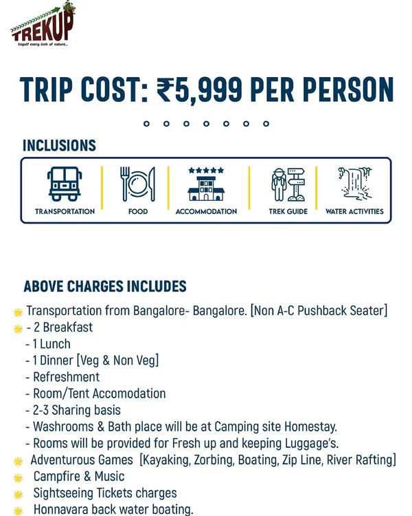Here’s a breakdown of what our ₹5,999 package typically includes. We cover transportation, food, accommodation, a guide, and all major activities like boating and adventure games. No hidden costs.