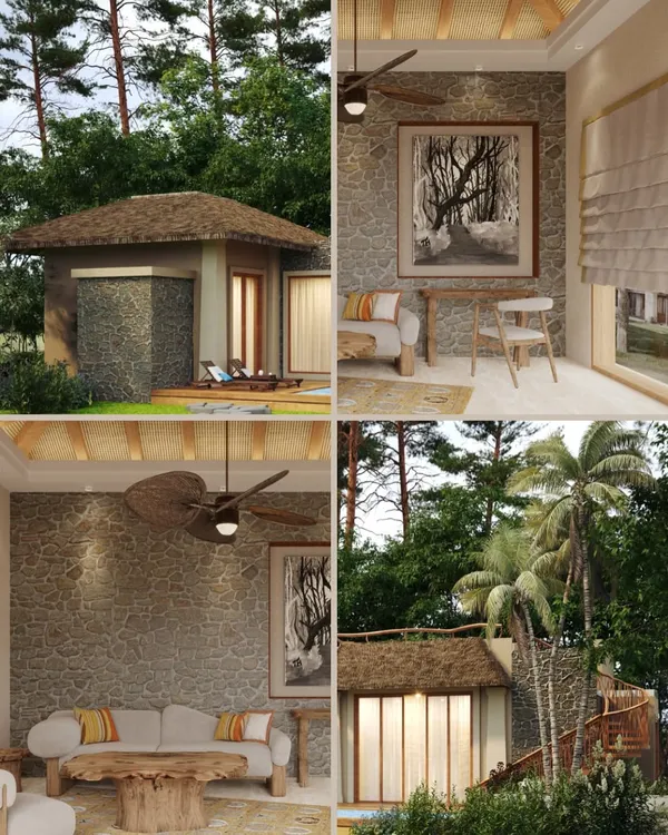A collage of the Dev Villas in Kanha, showcasing the project's core concept. We blended rustic exteriors with warm, luxurious interiors to create a perfect escape from city life.
