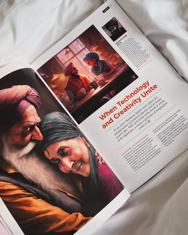 An overhead shot of my feature in Creative Gaga magazine, laid open on a white sheet. The article, titled 'When Technology and Creativity Unite', discusses how I blend digital tools with my artistic vision to create meaningful illustrations.
