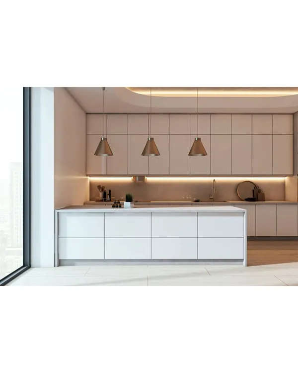 This bright and minimalist modular kitchen features handleless white cabinets and a large island, creating a clean and uncluttered look. We used under-cabinet and recessed ceiling lighting to ensure the space is both beautiful and perfectly illuminated for cooking.
