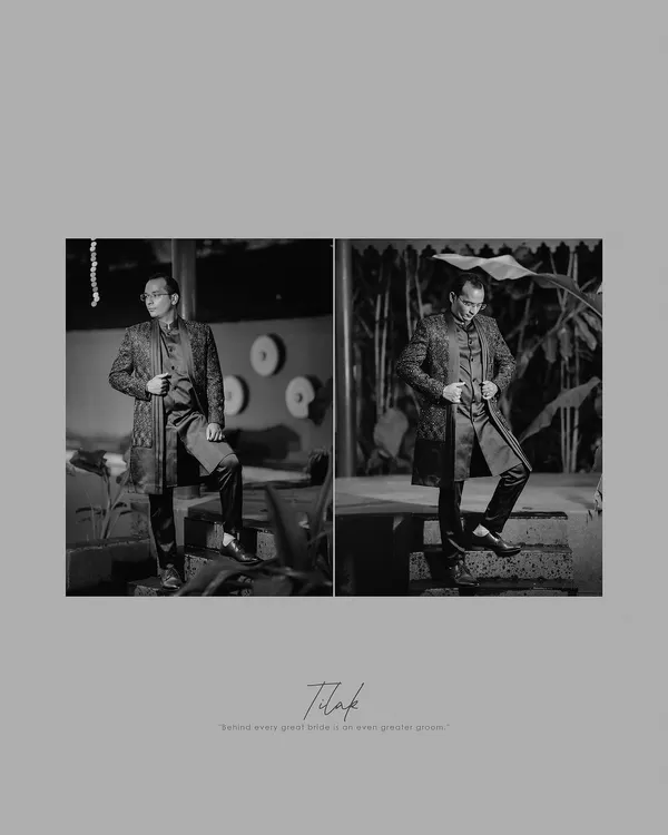 A stylish black and white diptych of the groom looking sharp in his Sangeet outfit.