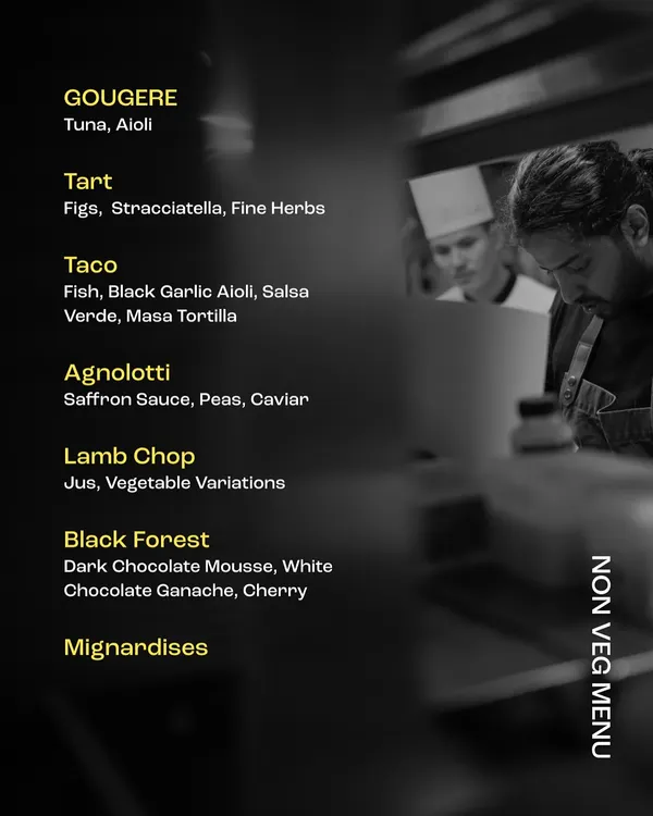 An example of a non-vegetarian tasting menu for a pop-up dinner, featuring dishes like Tuna Gougere, Lamb Chop, and a Black Forest dessert.