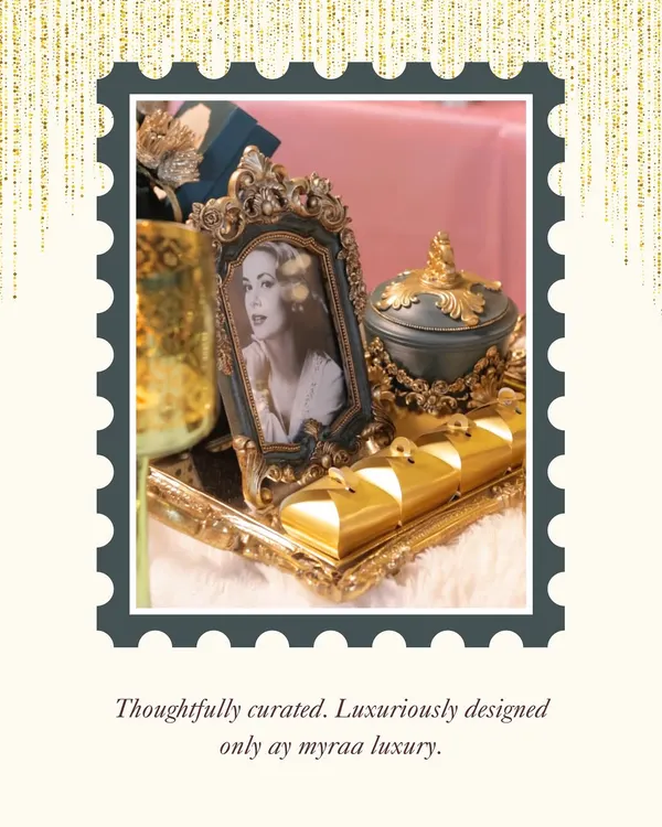 This graphic showcases some of my favorite curated pieces. An antique-style photo frame and ornate jars, thoughtfully selected and luxuriously designed to be timeless keepsakes.