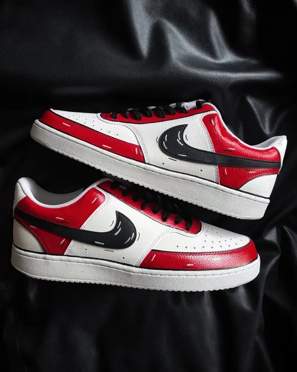 A pair of Nike Court Visions transformed with a red and black cartoon or "2D" effect, outlining the panels for a hand-drawn look.