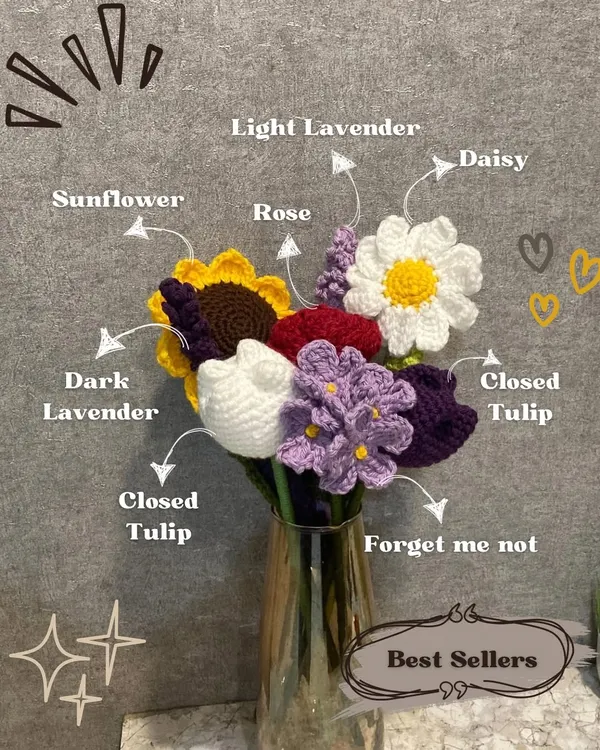 A look at my best-selling forever flowers. This bouquet features a mix of handmade crochet sunflowers, roses, tulips, lavender, daisies, and forget-me-nots. You can mix and match to create your own perfect arrangement that will literally never wilt.