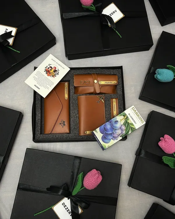 This is what we mean by thoughtful gifting. We created these bespoke corporate hampers for a leading firm, featuring handcrafted leather essentials, gourmet blueberry chocolate, and a delicate crochet floral accent for a personal touch. It’s elegance and appreciation, delivered in a box.