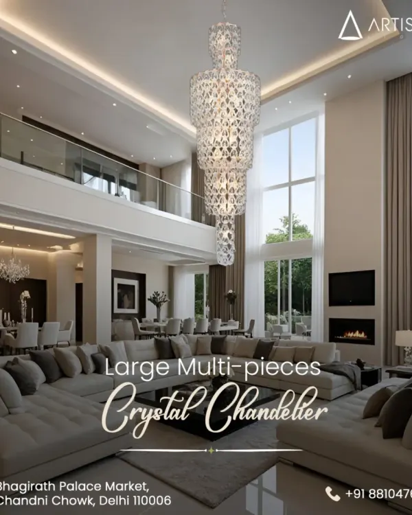 This large, multi-piece crystal chandelier is designed for spaces with grandeur. It cascades beautifully in double-height living rooms and foyers, creating a breathtaking centerpiece that defines luxury living.