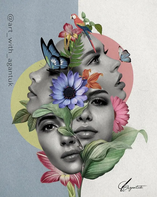 A surrealist digital collage combining multiple female faces with vibrant flowers, a parrot, and butterflies. This style allows me to create unexpected and beautiful compositions that explore the connection between humanity and nature.