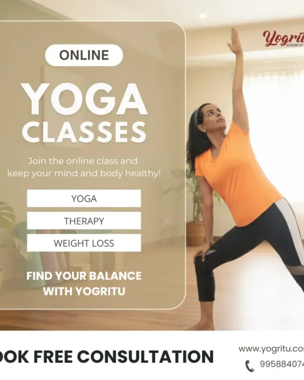 This graphic invites you to find your balance with my online yoga classes. I offer specialized programs in general yoga, therapeutic yoga for pain relief, and weight loss. Book your free consultation to get started.