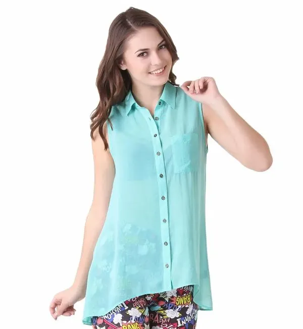 A female model wearing a sheer, sleeveless turquoise top against a clean white background, ideal for e-commerce product pages.