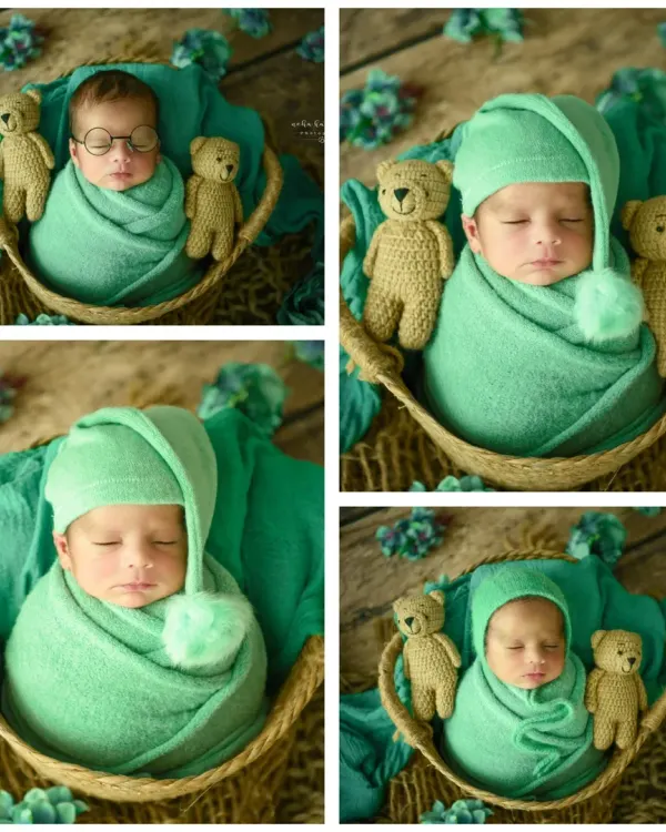 A storyboard from a single session, showcasing four different looks. This collage includes shots with and without a hat, with teddy bears, and with playful glasses.