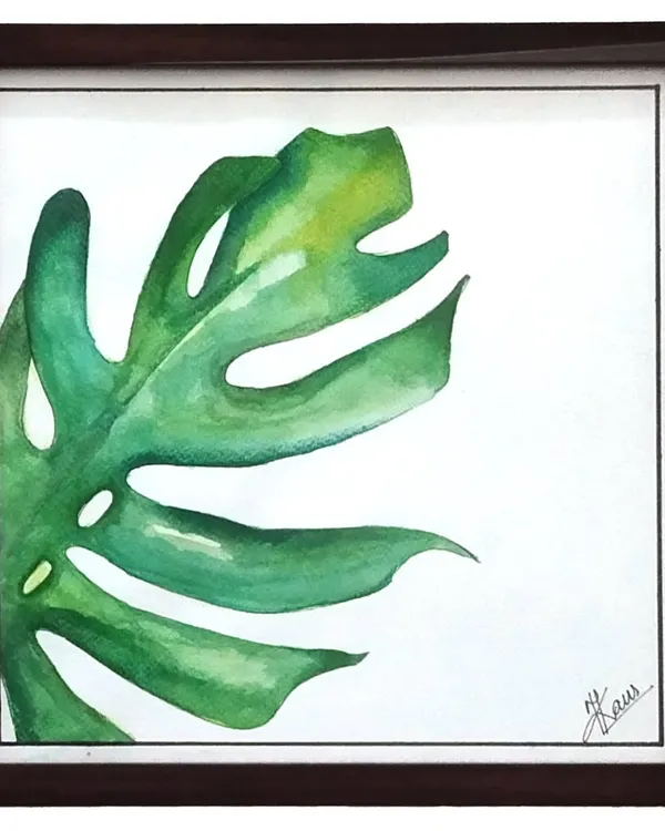 A close-up study of a Monstera leaf in watercolor. I focused on the subtle shifts in green and yellow tones and the iconic splits in the leaf, capturing the simple, organic beauty of this popular plant.