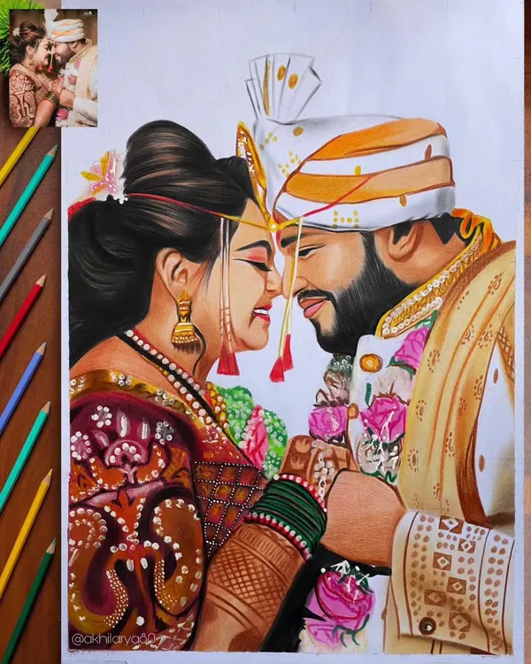 I love bringing wedding photos to life. This A3 size color pencil portrait captures the joy of the moment, with special attention to the detailed fabric of the bride's lehenga and the groom's traditional attire. It’s a perfect anniversary or wedding gift.