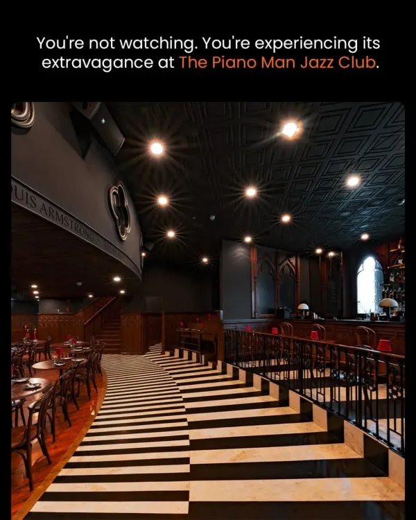 Welcome to The Piano Man Jazz Club, one of our signature venues. The dramatic, elegant architecture and intimate seating create the perfect stage for our gourmet cinema experiences, where the setting is as much a part of the story as the film itself.