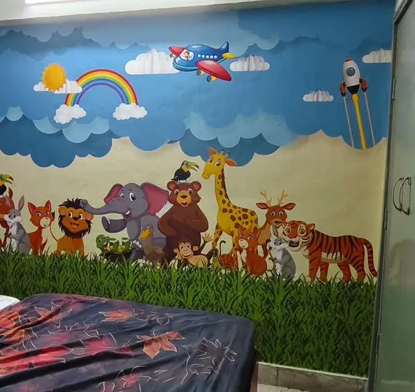 This full-wall mural creates a happy and colorful world for a child's bedroom, featuring a gathering of friendly cartoon animals, a rainbow, and airplanes in the sky.