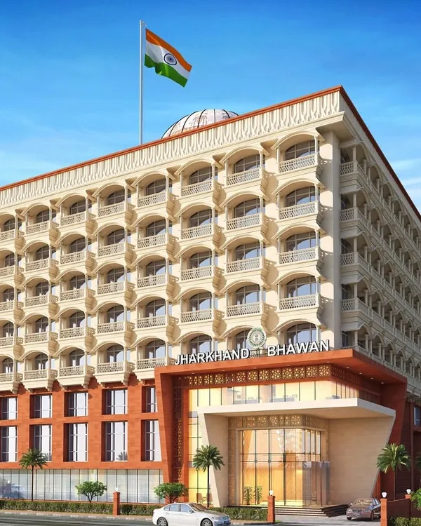 Our design for Jharkhand Bhawan in Vashi, Navi Mumbai. This institutional building fuses traditional Indian architectural elements like arches and jalis with a clean, modern profile, creating a symbol of pride and hospitality for the state.