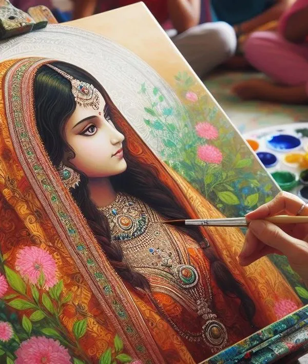 A student meticulously works on a traditional Indian portrait in oil, capturing the intricate details of jewelry and fabric.