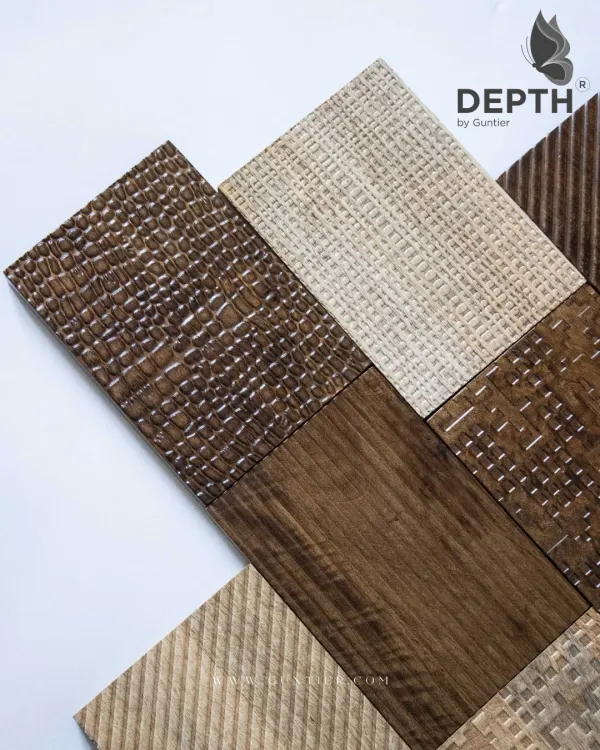 Our 'Depth' collection of real wood texture veneers offers incredible tactile surfaces, from crocodile skin patterns to woven textures, allowing for truly unique designs.