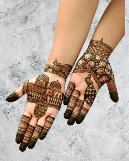 A beautiful design featuring palace architecture and peacock motifs on the palms, perfect for a wedding guest or for a festive occasion.