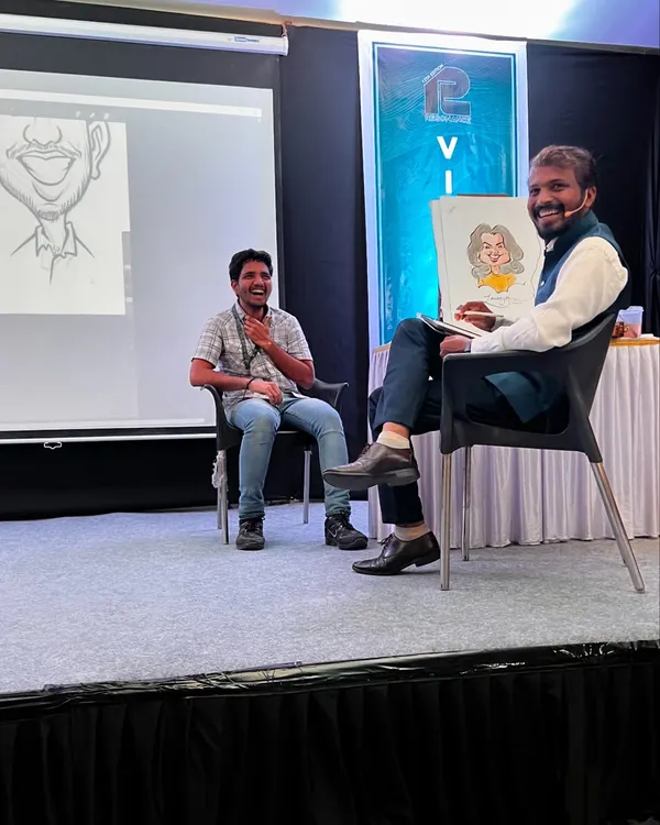 A highlight of my college sessions is the live caricature demonstration. I invite a student volunteer on stage and draw them in real-time, with the whole process shown on a big screen. It’s an engaging way to demonstrate art principles and always brings out a lot of smiles.