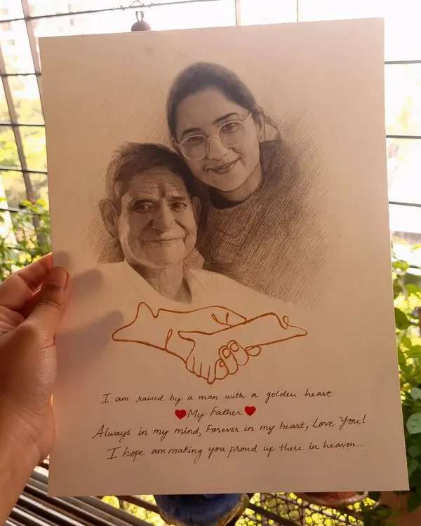This emotional drawing was for a client remembering her father. We combined a pencil sketch with a gold-painted line art of holding hands and a personal message to create a unique and heartfelt memorial piece.