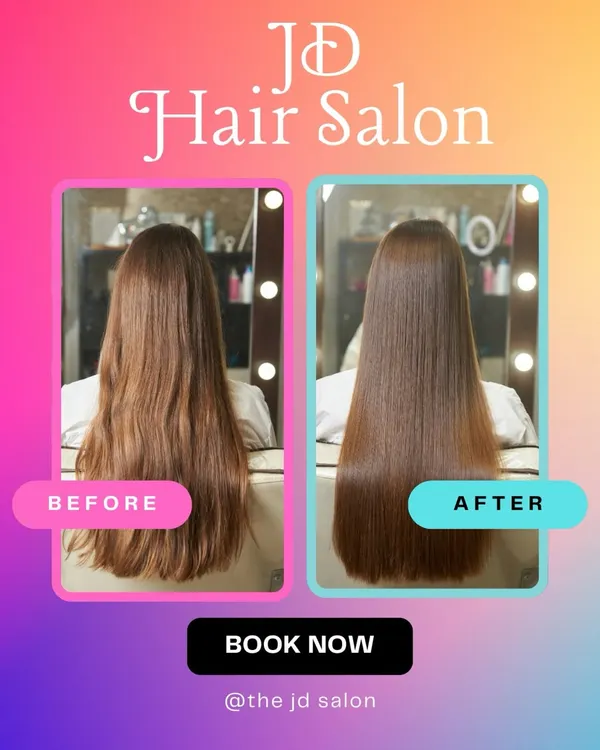 The proof is in the picture. This is a classic example of our smoothing treatment, taking hair from frizzy and dry to sleek, healthy, and full of shine.