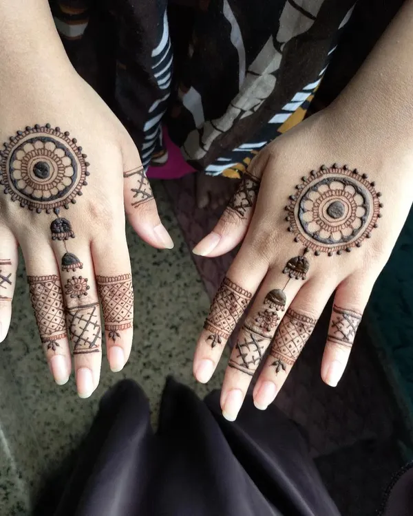A classic mandala design with a fun twist. I added small, hanging jhumka designs below the central circle, a trend that I absolutely love.