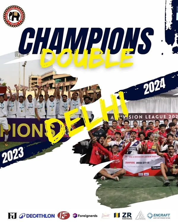 We are the undisputed double champions of Delhi. This graphic celebrates our back-to-back league titles in 2023 and 2024, proving our dominance in the region's professional football scene.