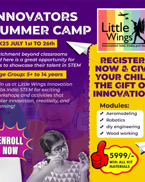 Here is the flyer for our Innovators Summer Camp. We offer a range of modules including aeromodeling, robotics, and woodworking for kids aged 5 to 14.