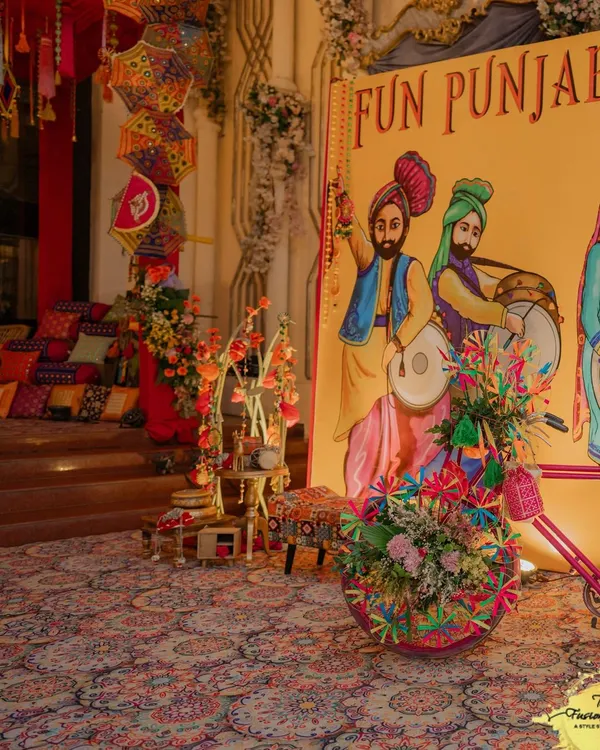 Welcome to a Fun Punjabi Night! I designed this entire space to capture the electrifying energy of Punjab, starting with this custom backdrop and colorful, festive decor that invites everyone to celebrate.
